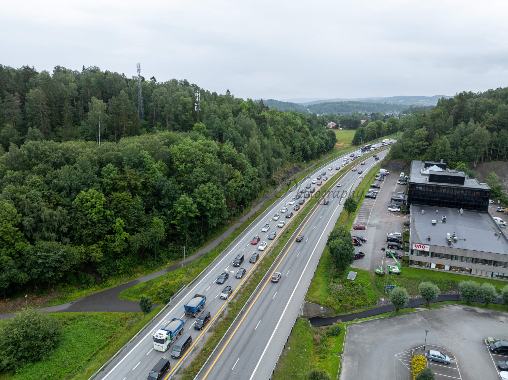 roads with traffic jam on a gloomy day